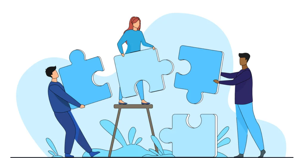 Illustration of three professionals assembling giant puzzle pieces, symbolizing teamwork, collaboration, and integrated project development in architecture, engineering, and BIM workflows.