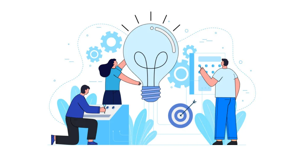 Illustration of three professionals collaborating around a giant lightbulb, symbolizing innovation and teamwork. Includes gears, a target with an arrow, and a control panel, representing engineering, problem-solving, and strategic thinking.