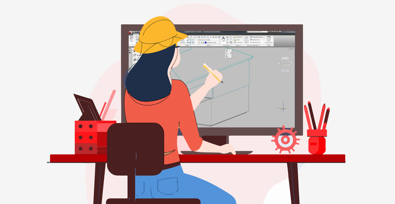 Ilustração de uma engenheira utilizando software de design em um computador, com utensílios de escrita e ferramentas em uma mesa.