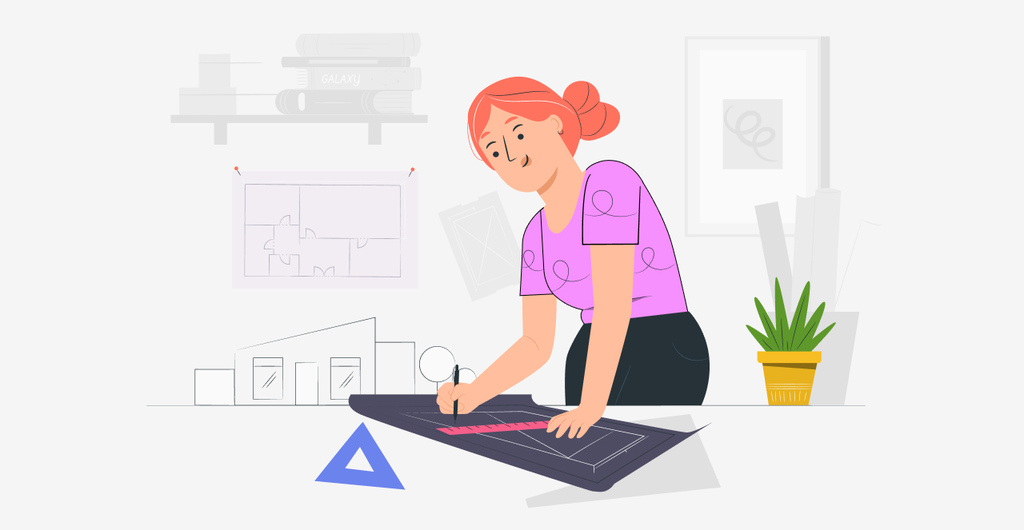 Ilustração de mulher desenhando em uma mesa, com materiais de escritório e plantas ao fundo, ideal para conceitos de design e criatividade.