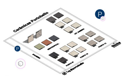 Imagem que apresenta diferentes tipos de cerâmicas do portfólio da Cerâmicas Portobello, exibindo padrões e cores diversas para acabamento de ambientes.