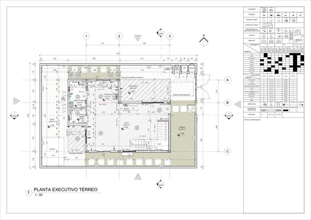 Planta executiva térrea detalhando a disposição dos espaços e medidas, ideal para projetos de arquitetura e construção.