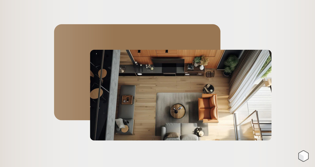 Imagem aérea de uma sala moderna e aconchegante, decorada com móveis contemporâneos, incluindo sofá, mesa de centro e poltrona laranja. Ideal para inspirar projetos de interiores.