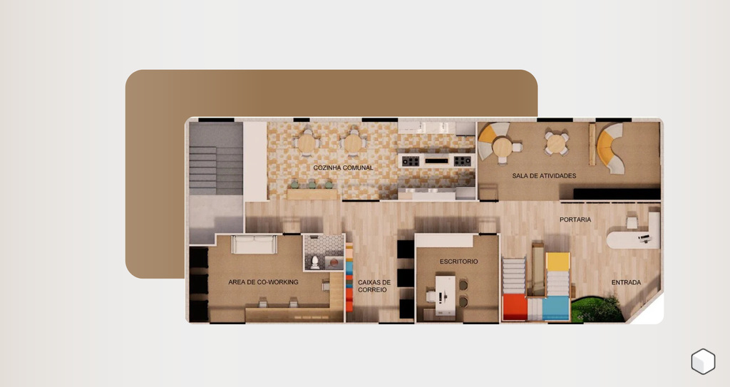 Planta baixa de um layout moderno com cozinha, área de co-working e sala de atividades, ideal para ambientes colaborativos.