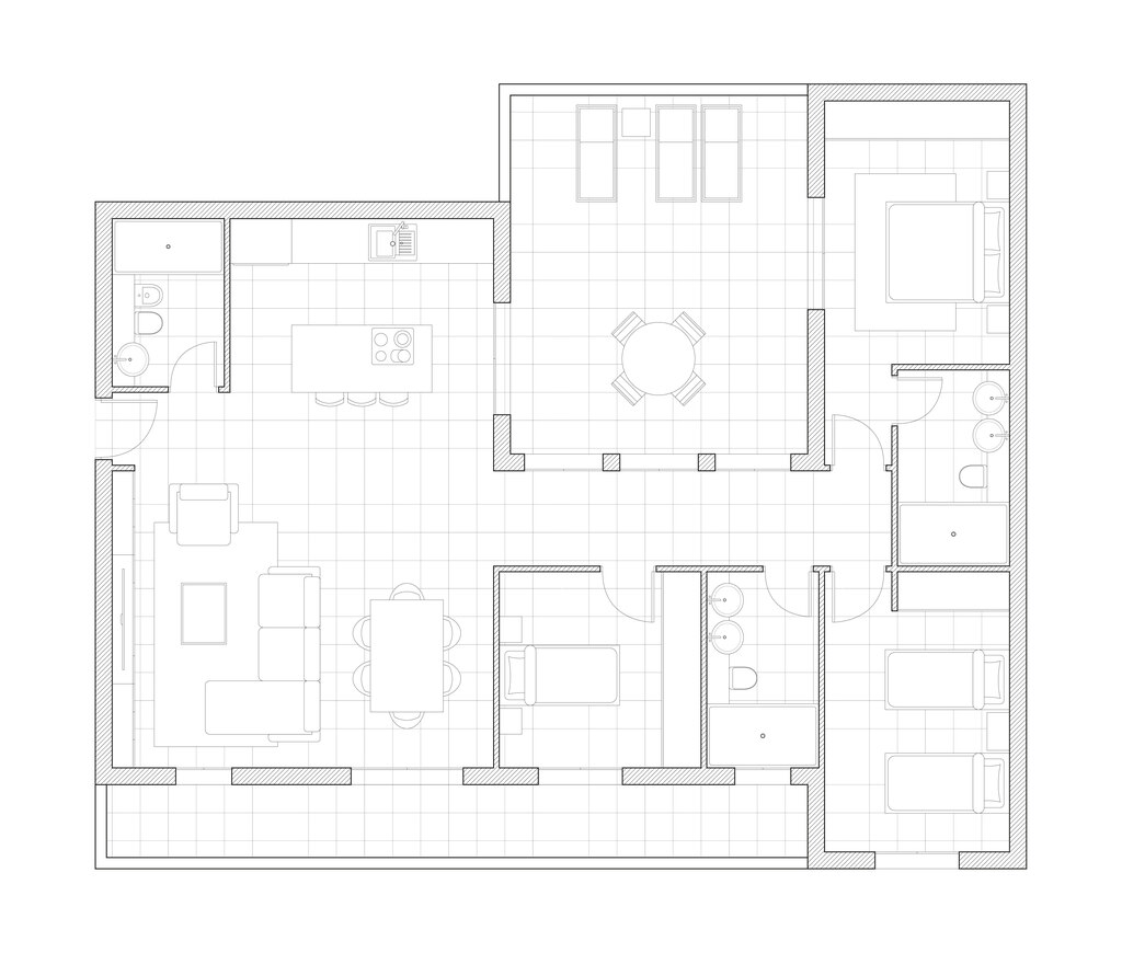 Planta baixa detalhada de um apartamento, com sala de estar, cozinha, dormitórios e banheiros, ideal para planejamento de espaços residenciais.