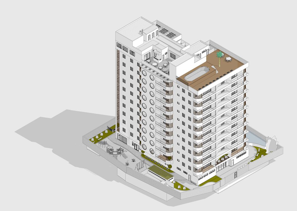 Imagem em 3D de um moderno edifício residencial, com áreas externas, piscina e espaço de lazer, ideal para investimento em imóveis.