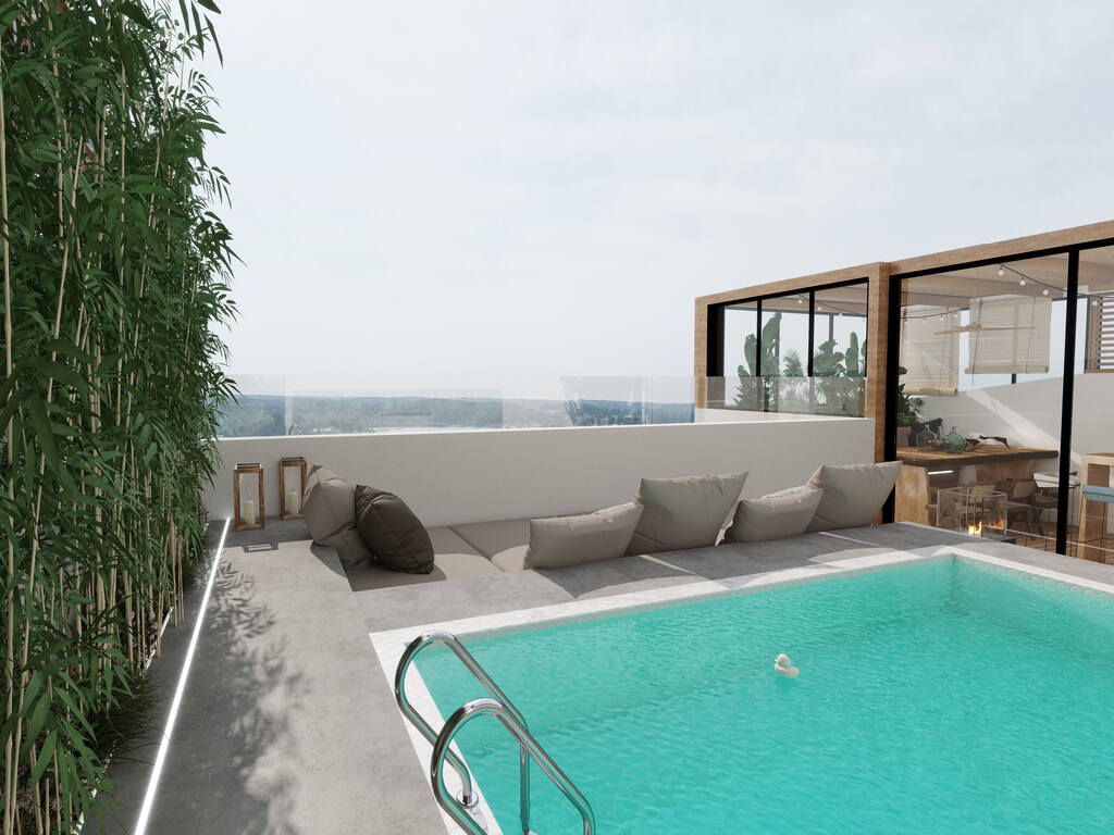 Imagem de um projeto piscina com vista, piscina cristalina rodeada por área de lounging e plantas, ideal para inspiração em projetos de decoração.
