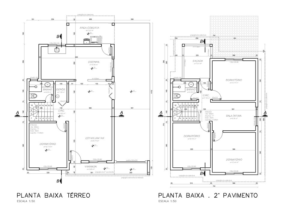 Projeto de planta baixa de imóvel com dois pavimentos, destacando áreas como dormitórios, sala, cozinha e banheiros, ideal para planejamento de construção.