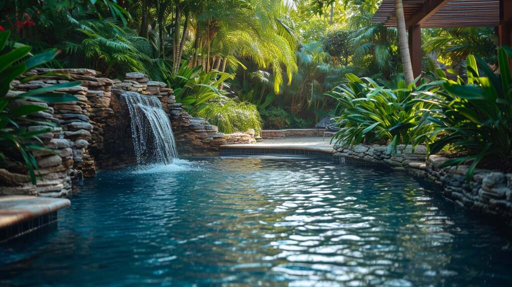 Imagem de uma piscina tropical com queda d'água, cercada por vegetação exuberante e pedras, proporcionando um ambiente relaxante e sereno.