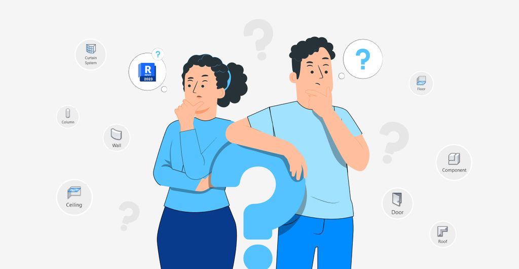 Ilustração de um casal pensando sobre questões de design e construção, cercados por ícones relacionados a sistemas de construção como paredes e telhados.