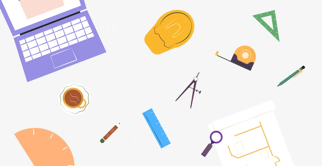Top view of a workspace with architecture and design tools, including a laptop, safety helmet, measuring tape, compass, ruler, protractor, triangle, pencils, magnifying glass, architectural blueprint, and a cup of coffee. Represents an architect's or designer's creative space.