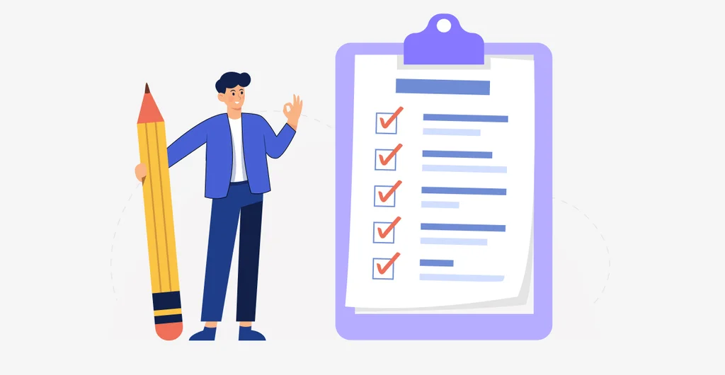 Ilustración de un hombre sosteniendo un lápiz gigante junto a una gran lista de verificación con varios elementos marcados, representando la finalización de tareas o metas cumplidas.