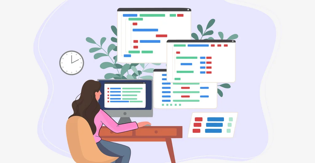 Ilustración de una mujer trabajando frente a un ordenador con varias ventanas emergentes que muestran gráficos y esquemas, representando la gestión de proyectos o la programación.