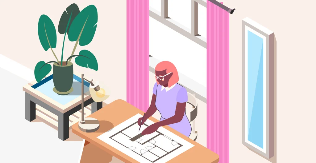Ilustración de una arquitecta trabajando en un plano sobre una mesa, en una habitación iluminada por una ventana con cortinas rosas, una planta decorativa y una lámpara de escritorio.