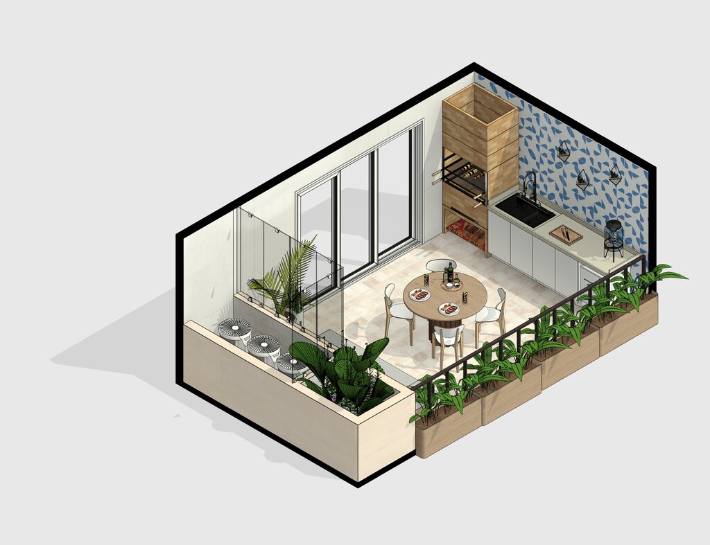 Imagem de uma cozinha moderna com área de refeições, decoração minimalista e plantas, ideal para inspirar projetos de interiores. Inovações em decoração.