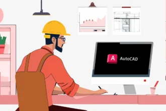 Illustration of a bearded professional wearing a hard hat working at a desk with AutoCAD open on the computer. The workspace includes technical drawings on the wall, a shelf with folders, and decorative plants.
