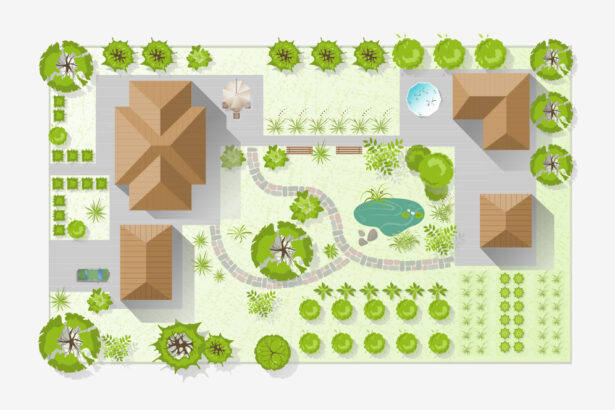 Imagem ilustrativa de um projeto paisagismo com plantas, caminhos, uma piscina e estruturas de madeira em um layout bem planejado.