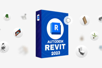 Imagem do software Autodesk Revit 2023, destacando suas funcionalidades e objetos 3D como móveis e decoração, ideal para projetos de arquitetura.