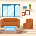 Sala de estar moderna apresentando uma paleta de cores harmoniosa, com sofá e poltrona além de opções de cores nas laterais. A imagem ilustra a tendências de cores para decoração.