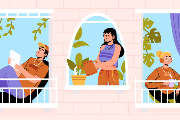 Imagem de uma varanda gourmet com três pessoas desfrutando do espaço. Um homem relaxa com um tablet, enquanto uma mulher rega plantas e outra aprecia uma bebida. Um ambiente leve e descontraído.