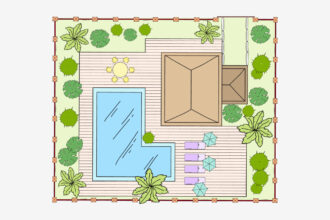 Projeto de paisagismo com piscina, deck de madeira e áreas verdes, ideal para ambientes externos aconchegantes e relaxantes.