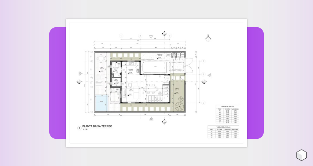Plano arquitectónico de planta baja que muestra la distribución de una vivienda con sala, cocina, baño, área de servicio, garaje, jardín, piscina y deck, acompañado de tablas con medidas de puertas y ventanas.