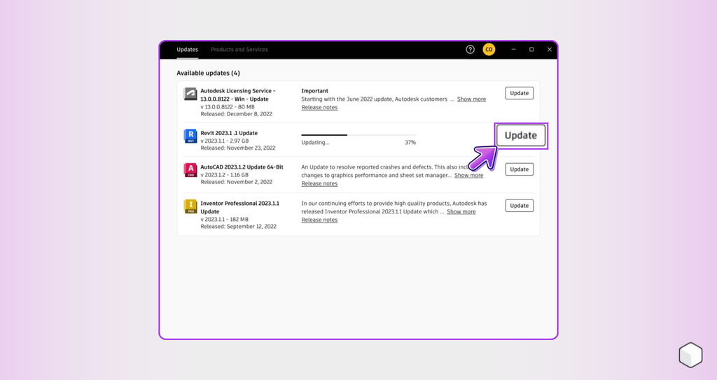 Atualizações disponíveis para softwares da Autodesk, mostrando detalhes como versão, tamanho e status de instalação. Ideal para usuários que buscam melhorias em seus programas.