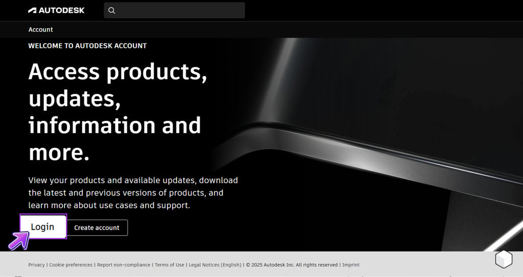 Tela de login da conta da Autodesk, mostrando como acessar produtos, atualizações e informações relevantes sobre software e suporte.
