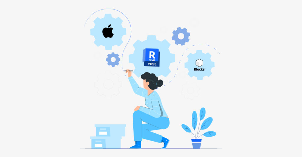 Ilustração de uma pessoa em um ambiente criativo, trabalhando com engrenagens e ícones relacionados ao software Revit 2023 da Apple.