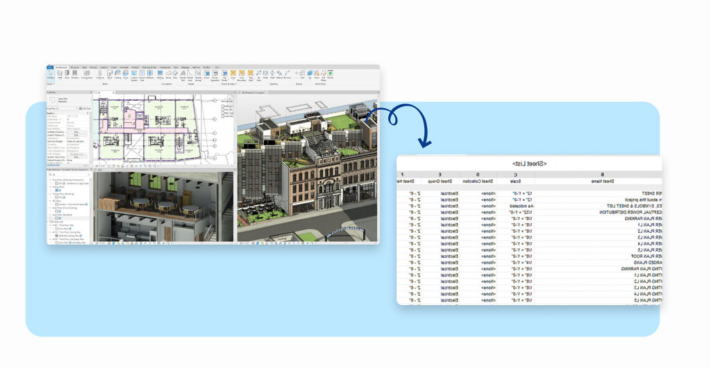 Imagem mostrando um software de planejamento arquitetônico com maquete 3D à esquerda e uma tabela de dados à direita. Ideal para profissionais da construção e arquitetura.