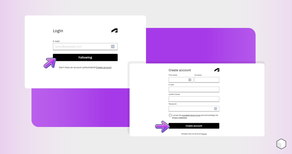 Tela de login e criação de conta para Revit na versão para Mac, destacando campos de e-mail e senha com setas indicativas.