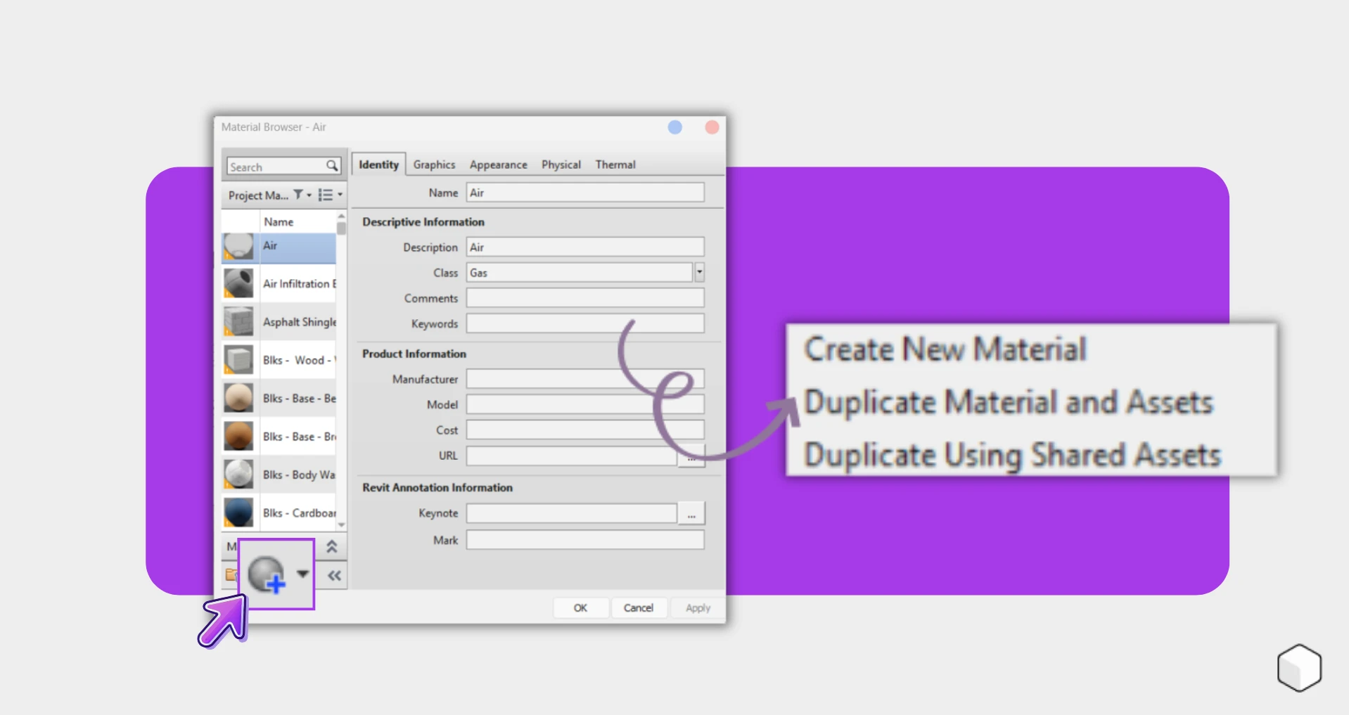 Interface do navegador de materiais mostrando opções para criar e duplicar materiais dentro de um software de design.
