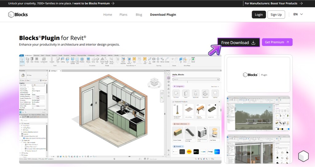 Imagem da interface do plugin Blocks para Revit, destacando a opção de download gratuito. A ferramenta é ideal para aumentar a produtividade em projetos de arquitetura e design de interiores.