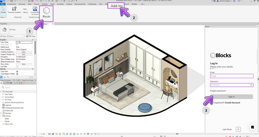 Imagem ilustrativa do software com interface de design 3D, destacando opções de Blocks e Add-Ins para estimular a criatividade em projetos de arquitetura.