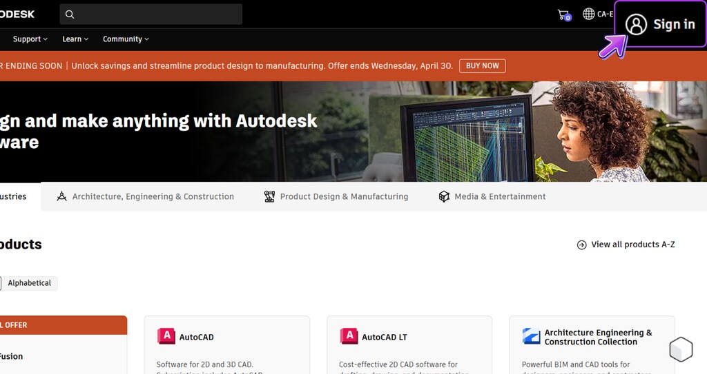 Imagem da interface do site Autodesk mostrando recursos de software, incluindo a opção para fazer login, ideal para usuários de Revit para Mac.