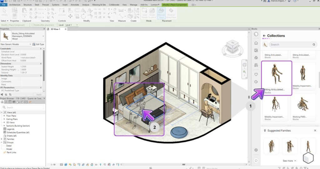 Imagem mostrando uma planta 3D de um ambiente de escritório com móveis e modelos de figuras sentadas, ideal para decoração e design de interiores.