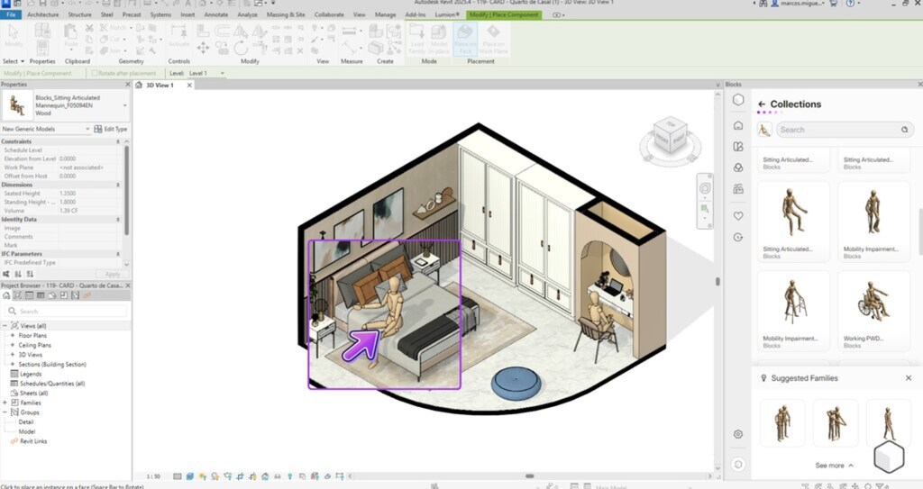 Imagem ilustrativa de um ambiente de design de interiores, destacando um modelo 3D em software de arquitetura Revit, com móveis e layout moderno.
