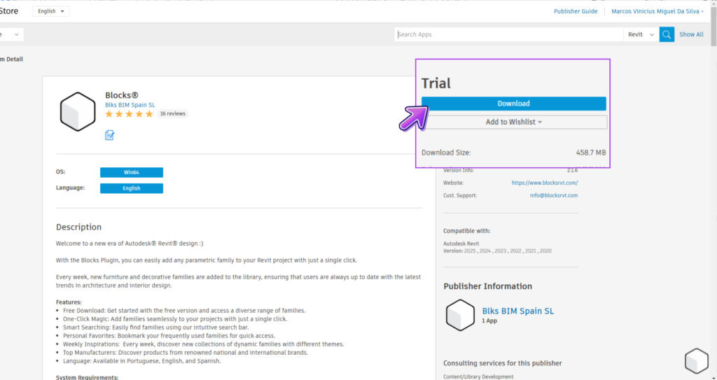 Captura de tela da página do plugin Blocks para Autodesk Revit, destacando opções de download e informações do produto.