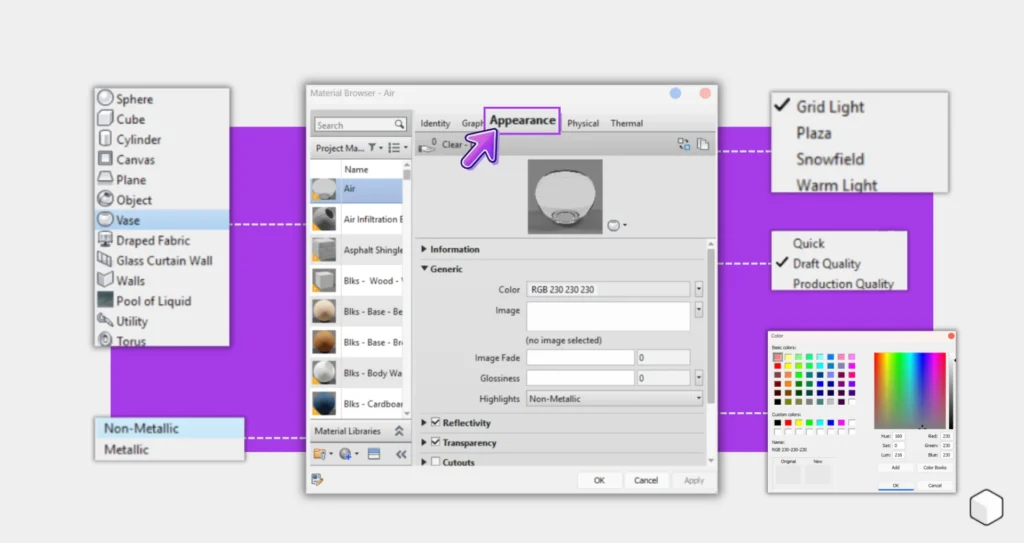 Captura de tela do Material Browser, exibindo opções para modificar a aparência de um vaso, incluindo reflexividade e materiais.