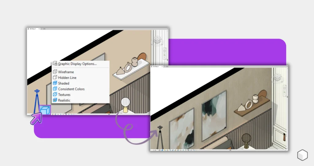 Imagem ilustrativa que apresenta diferentes opções de exibição gráfica em um software de design, destacando texturas e realismo.