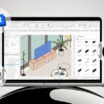 Descrição de uma tela de computador exibindo o software Revit em um Mac, ilustrando suporte ao Revit para Mac com imagens de elementos de design e ícones de plataformas Apple e Autodesk.