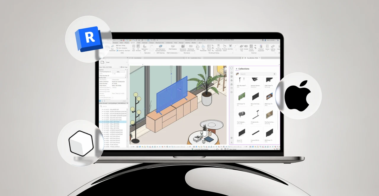 Descrição de uma tela de computador exibindo o software Revit em um Mac, ilustrando suporte ao Revit para Mac com imagens de elementos de design e ícones de plataformas Apple e Autodesk.