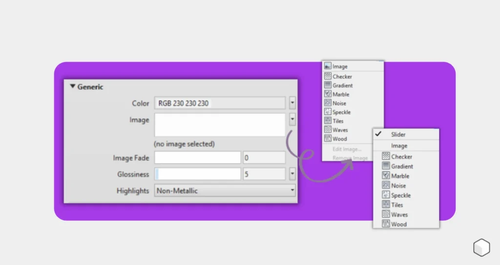 Imagem mostrando uma interface de configuração de materiais, destacando opções como cor, imagem, brilho e outros detalhes. Ideal para design gráfico e 3D.