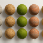 Lote de bolas de diferentes texturas e cores, incluindo cinza, bege, verde, tijolos e madeira, organizadas em linhas horizontais sobre fundo branco.