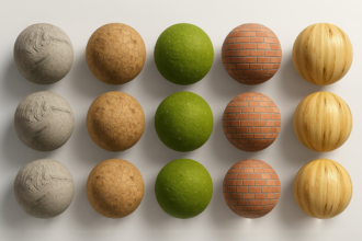 Lote de bolas de diferentes texturas e cores, incluindo cinza, bege, verde, tijolos e madeira, organizadas em linhas horizontais sobre fundo branco.