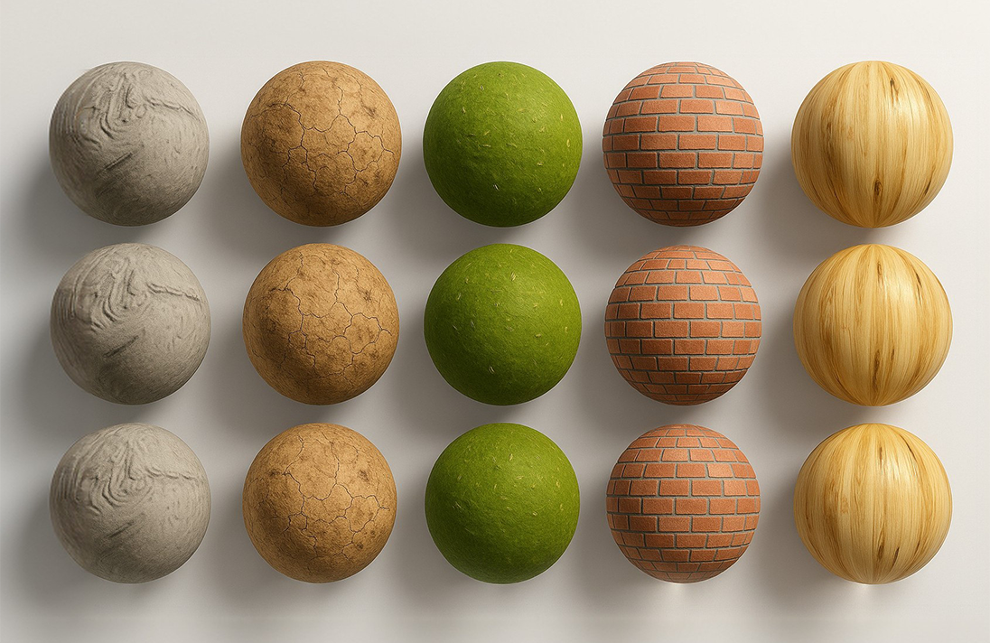 Lote de bolas de diferentes texturas e cores, incluindo cinza, bege, verde, tijolos e madeira, organizadas em linhas horizontais sobre fundo branco.