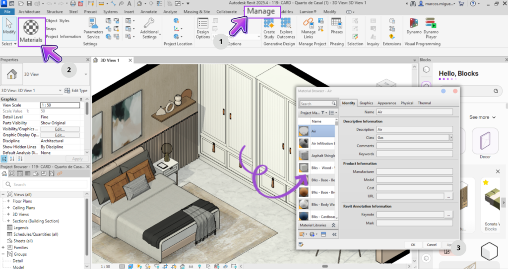 Imagem que mostra detalhes de uma textura Revit aplicada à decoração de um quarto, incluindo elementos como cabeceira da cama, parede, e objetos decorativos, utilizada em projeto de arquitetura digital.