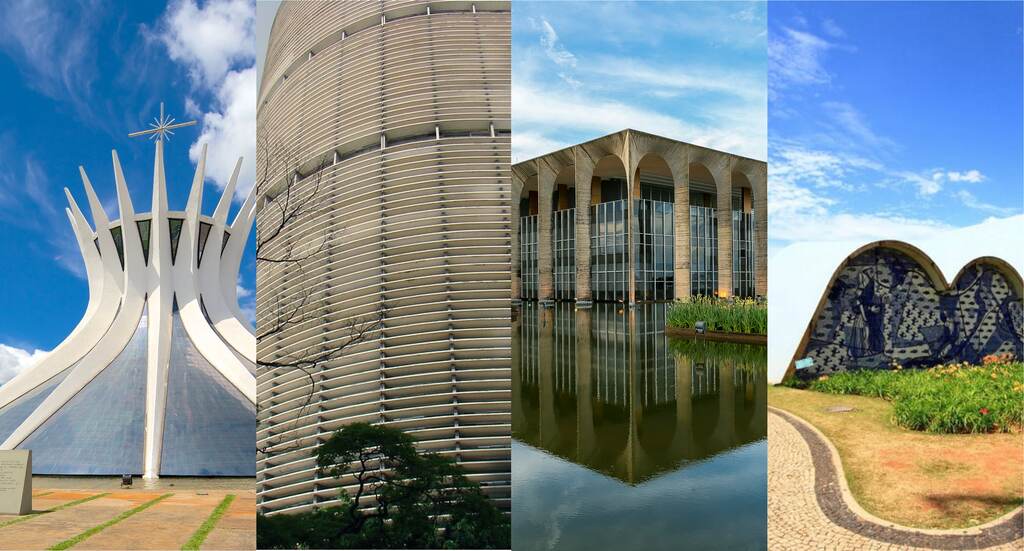 Obras de Oscar Niemeyer, sendo Catedral, Copan, Palácio Itamaraty e Conjunto da Pampulha