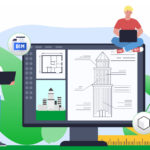 Imagem ilustrativa de profissionais usando software BIM para projetos arquitetônicos, com destaque para edifícios e ferramentas de medição, promovendo tecnologia para construção civil.