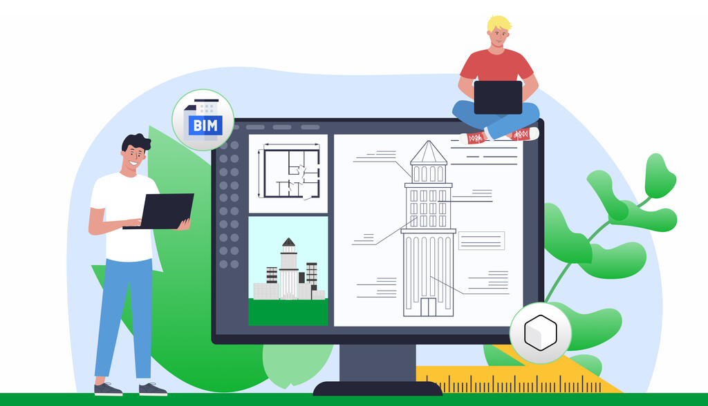 Imagem ilustrativa de profissionais usando software BIM para projetos arquitetônicos, com destaque para edifícios e ferramentas de medição, promovendo tecnologia para construção civil.